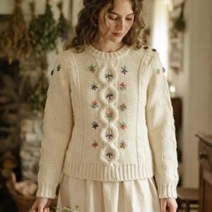 Vintage Sears Sweater Embroidered Cable Knit Womens XS Floral Boho Cottagecore
